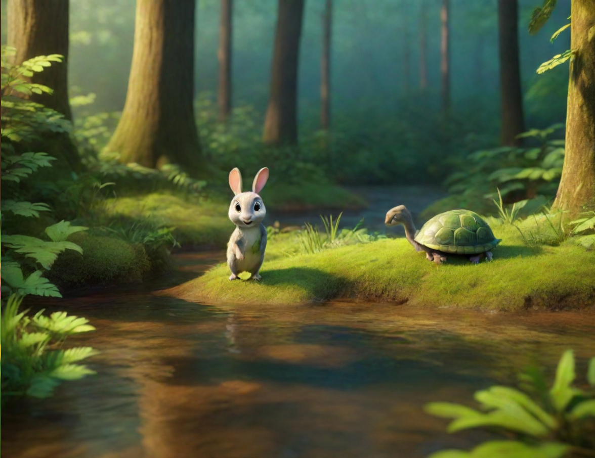 AI furnished forest scene with a rabbit and turtle