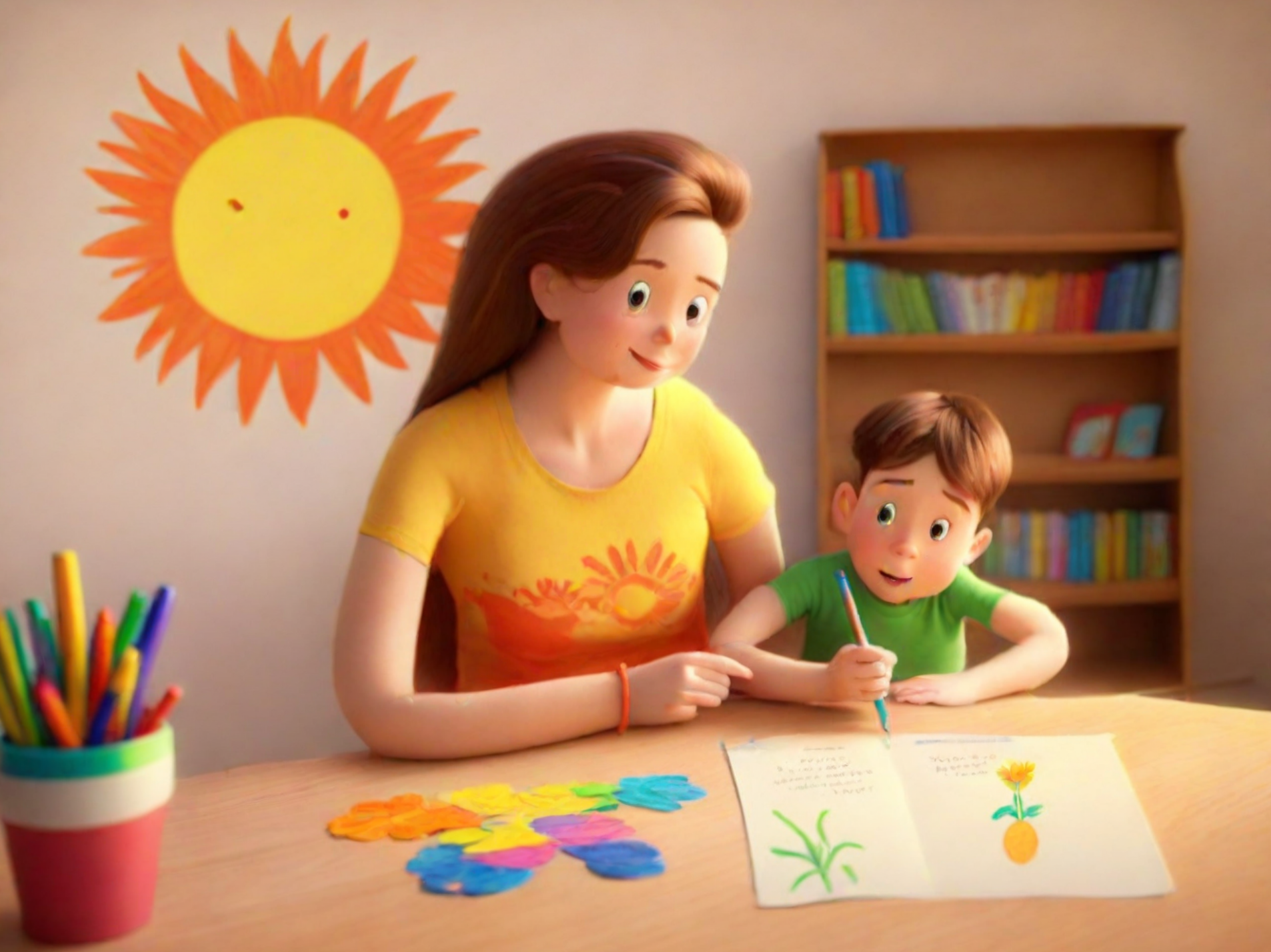 AI furnished storybook image of a teacher and child drawing