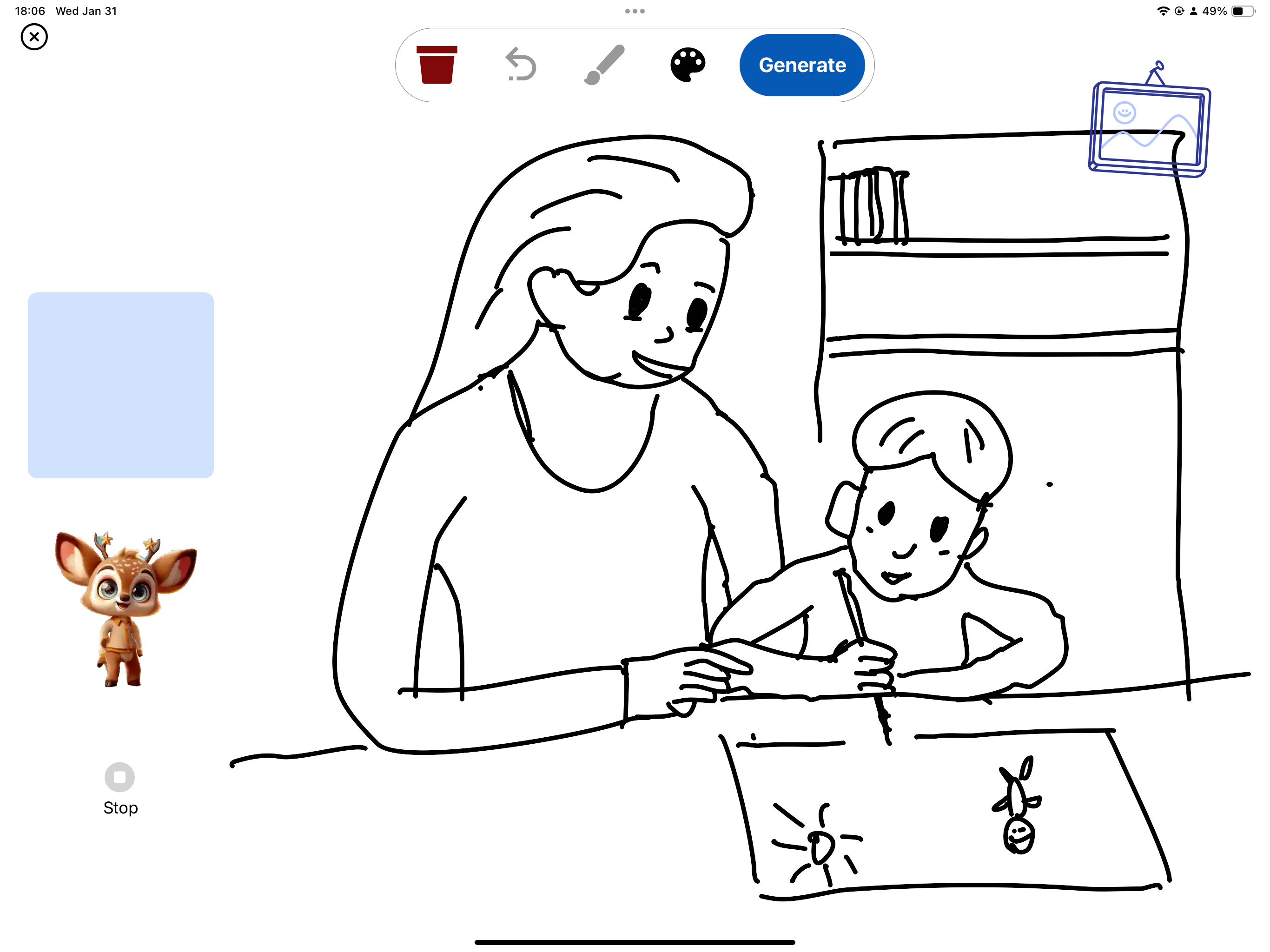 Child sketch of a teacher and child storybook scene in the Imaginova app