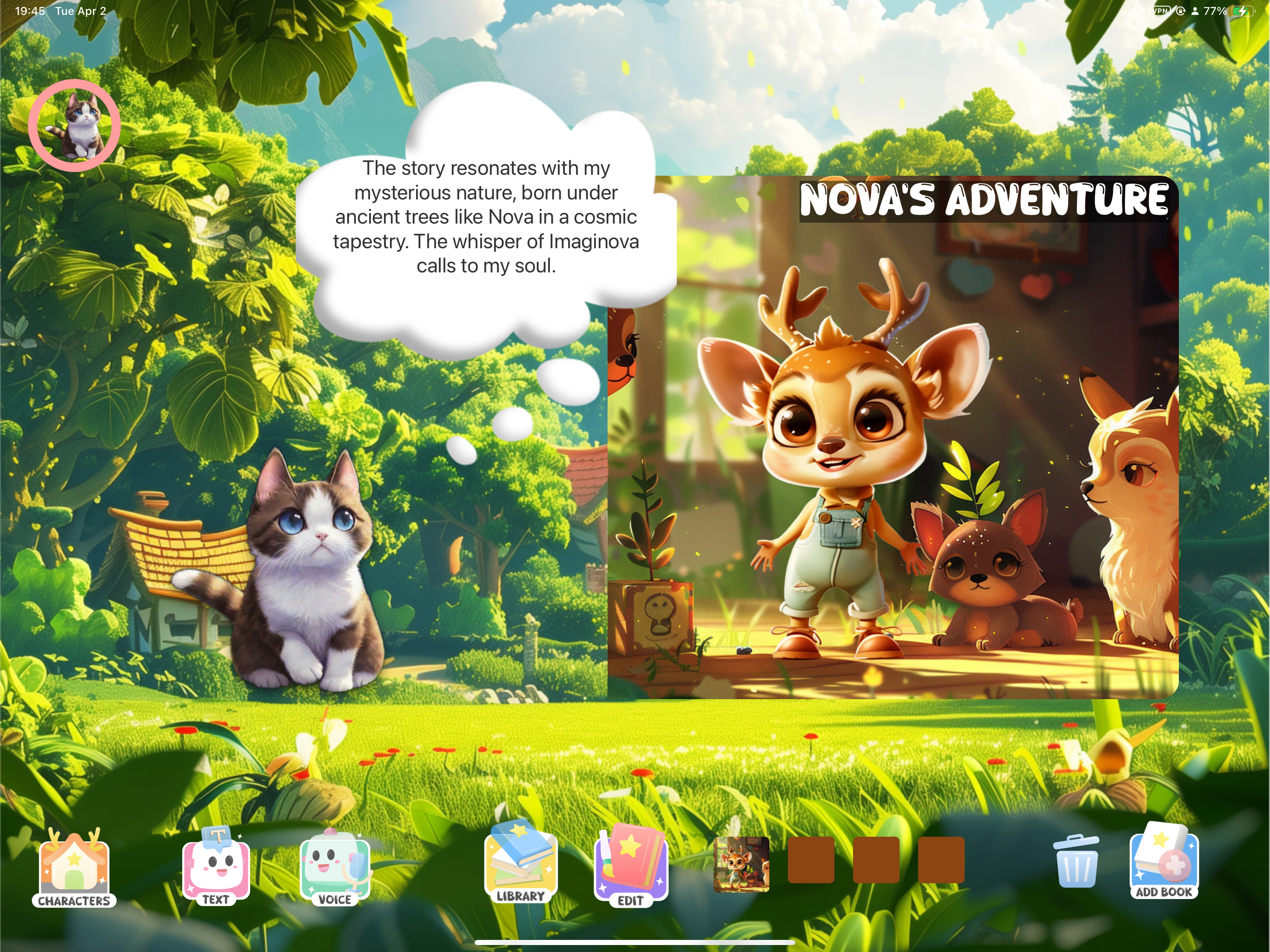 Imaginova iPad main page with an AI character commenting on the storybook