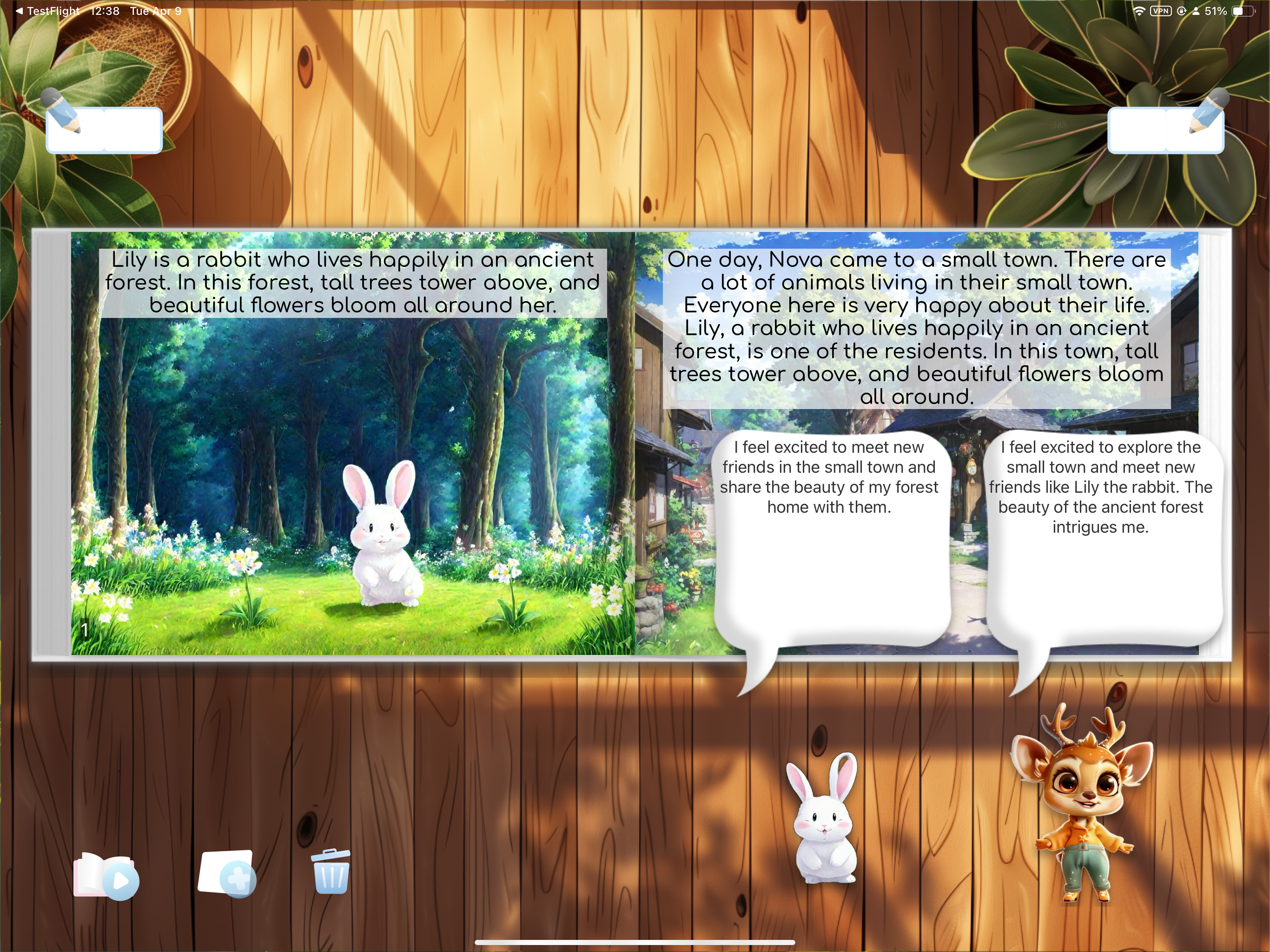 Imaginova storybook display and editing page with character agents in the lower corner